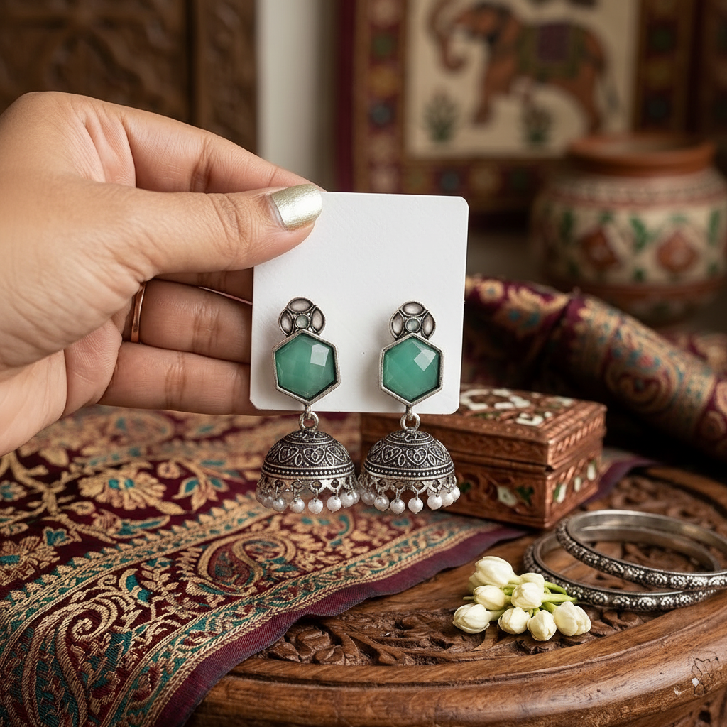 Aqua Jhumka Statement Earrings