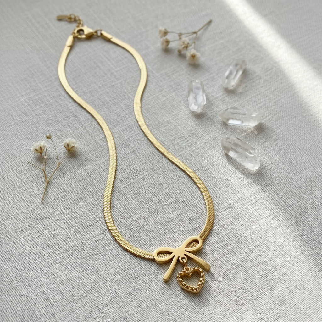 Golden Bow Heart Necklace