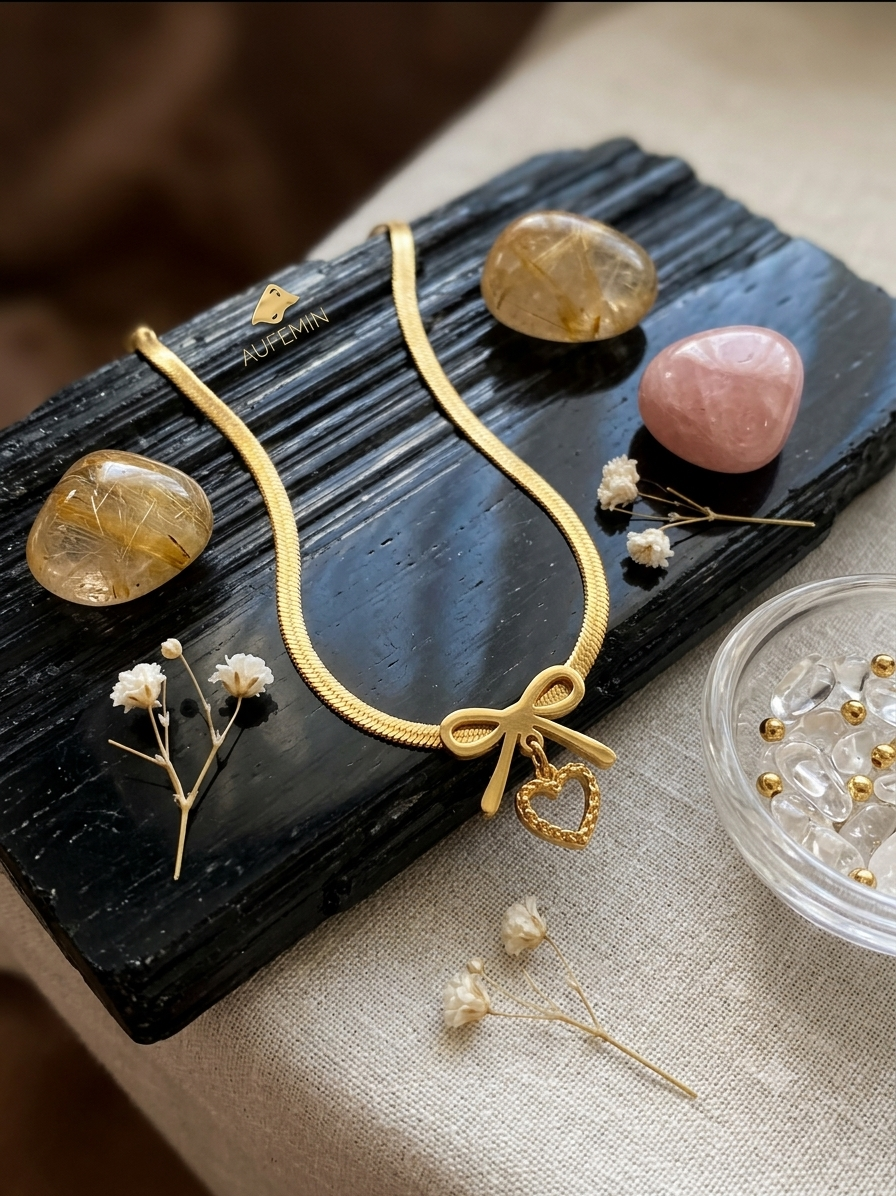 Golden Bow Heart Necklace
