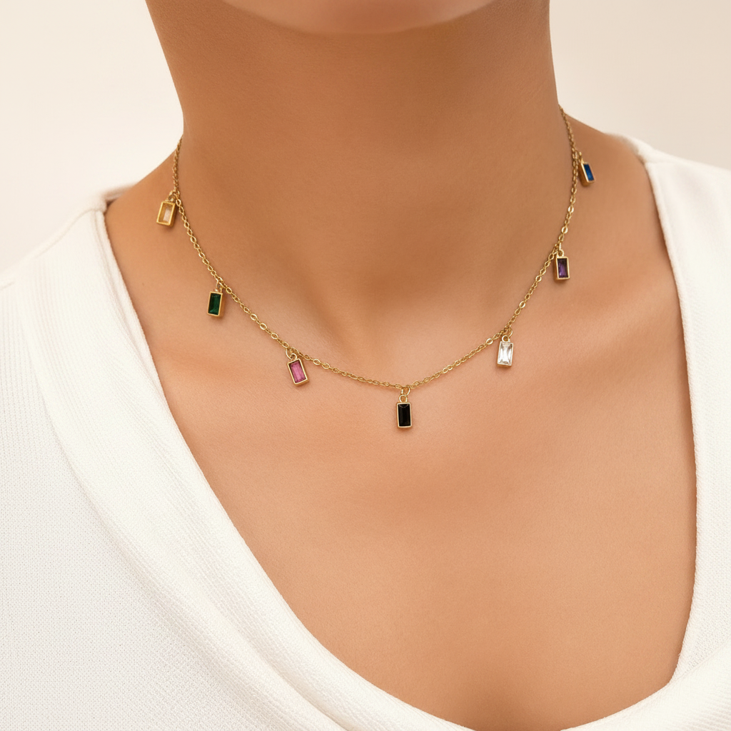 Rainbow Baguette Charm Necklace